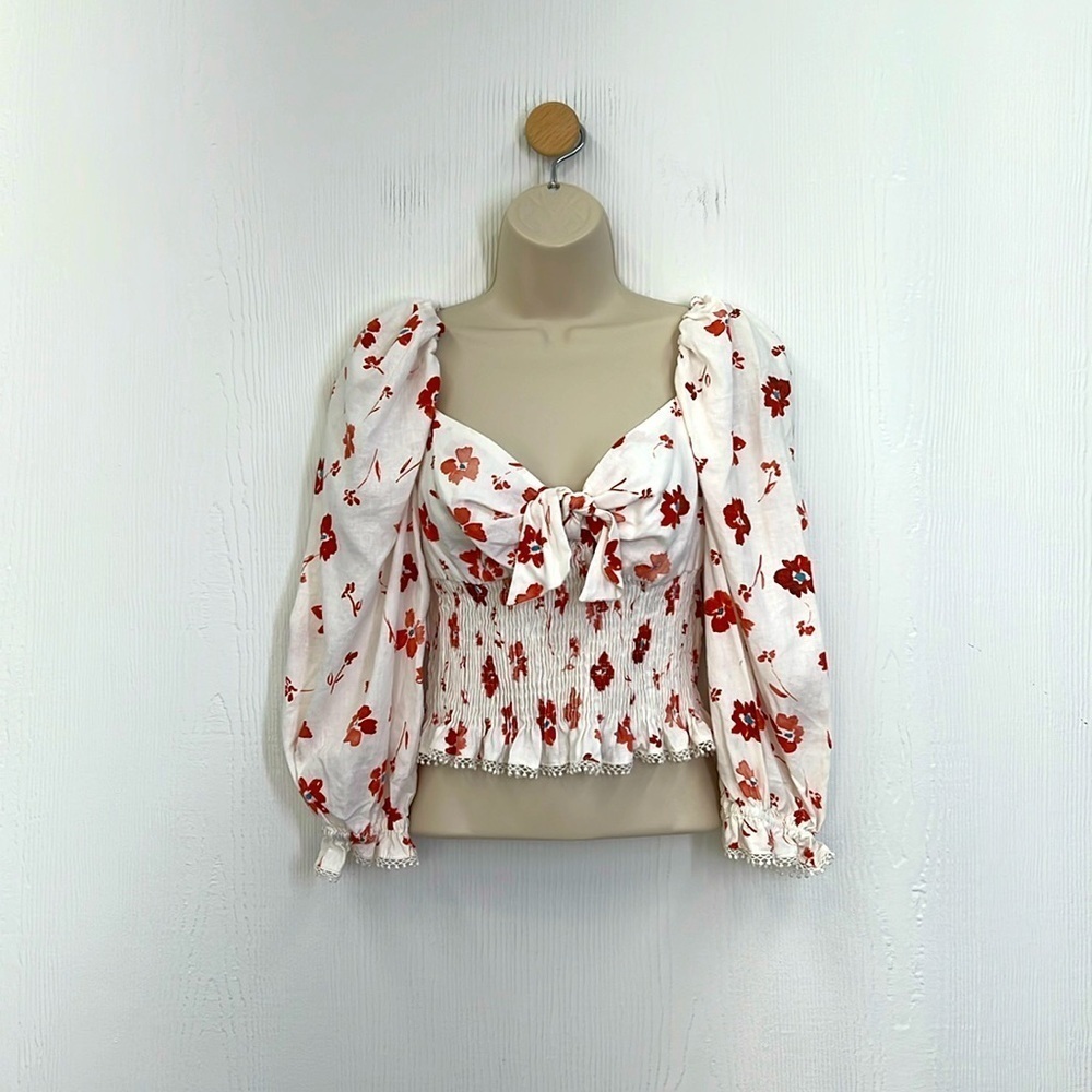 Zara - Floral Linen Blend Tie Front Smocked Boho Long Puffed Sleeves Crop Top M